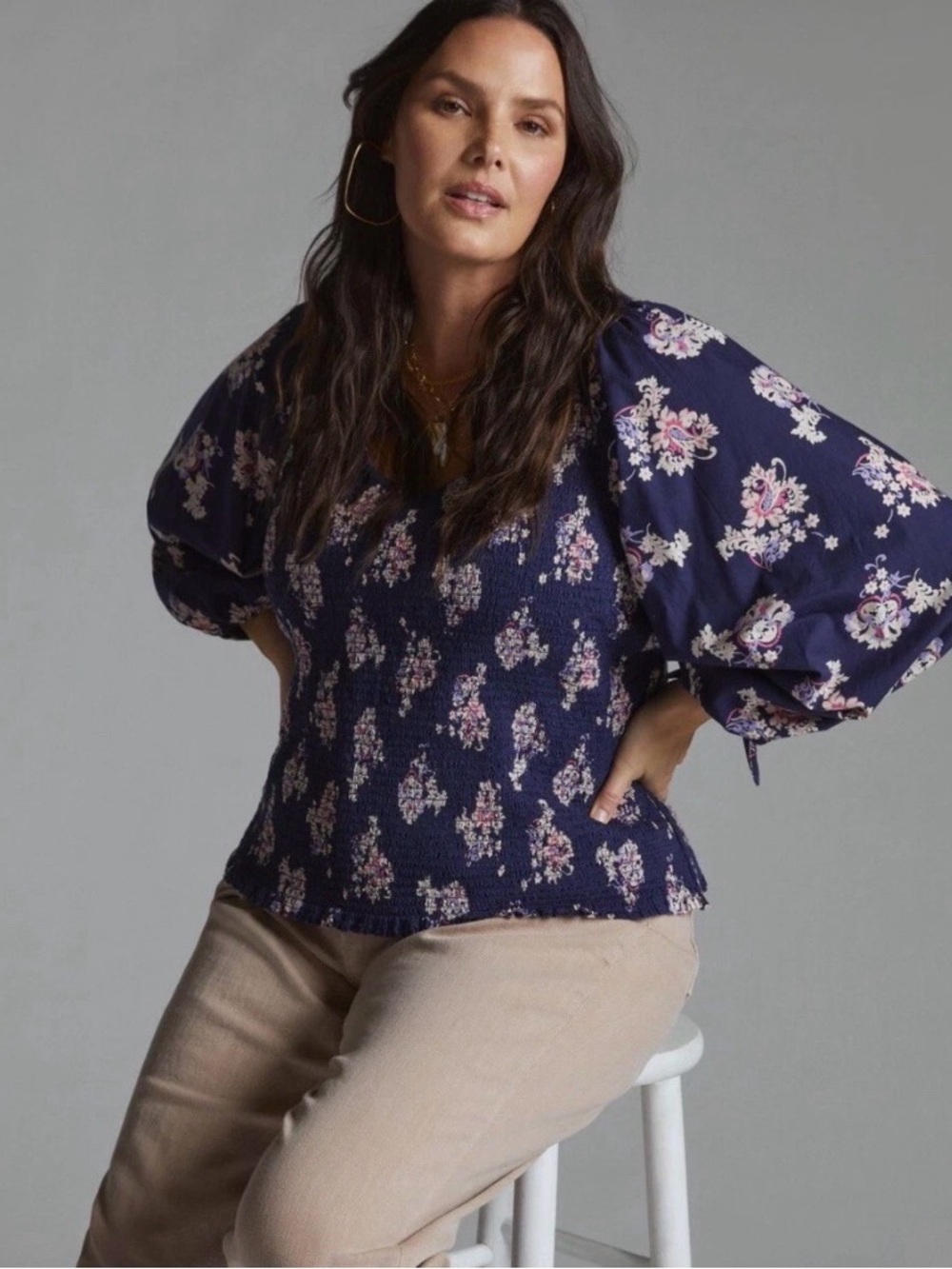 Anthropologie Navy Floral Smocked Blouse with Balloon Sleeves